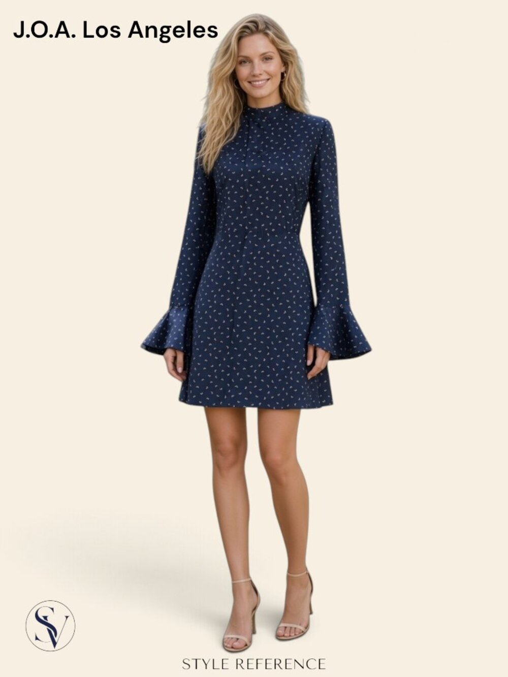 NWOT J.O.A. Los Angeles Navy Print Backless Cutout Flared Sleeve Mini Dress L